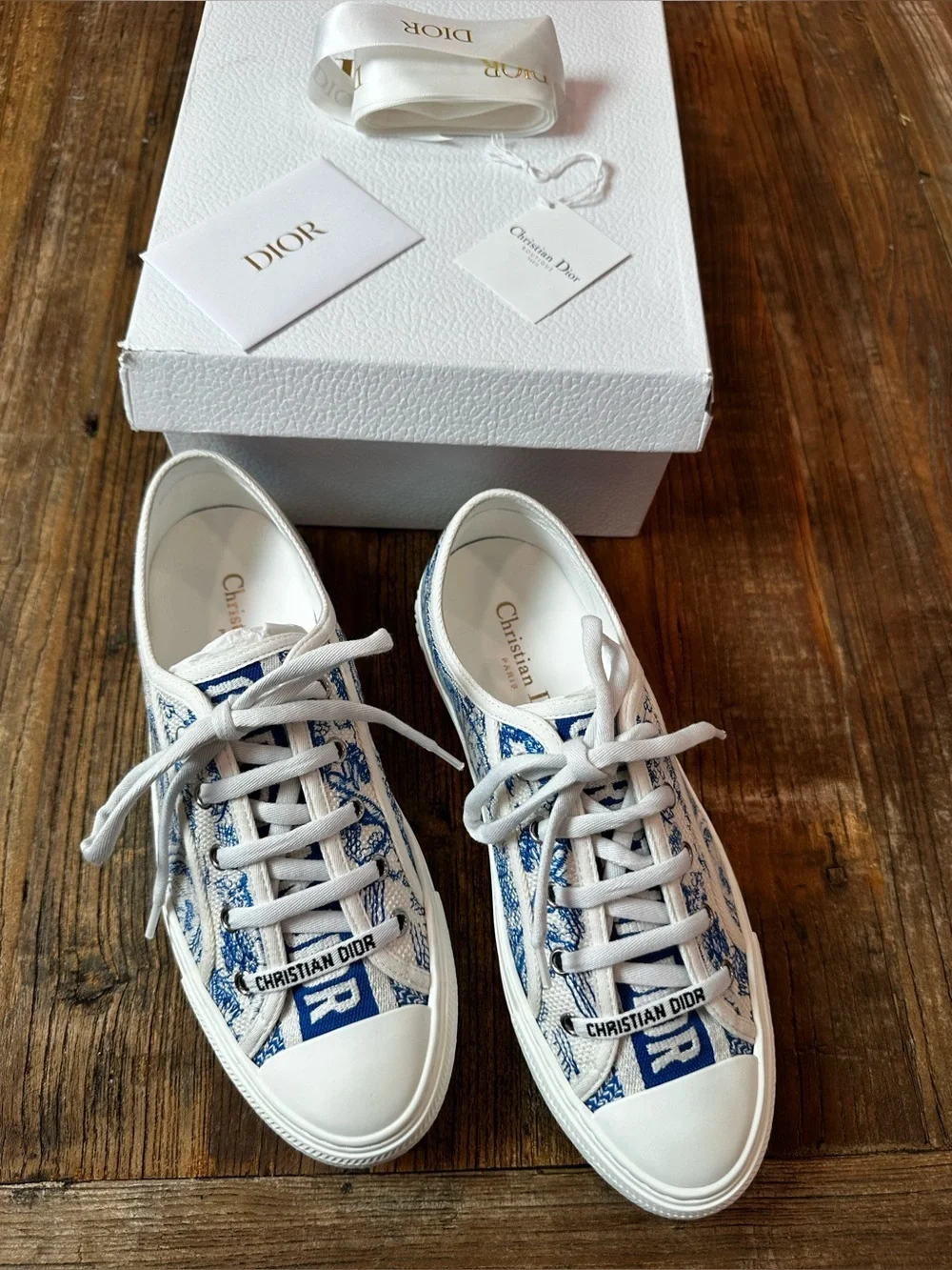 Dior White Canvas Low-Top Sneakers with Blue Toile Print